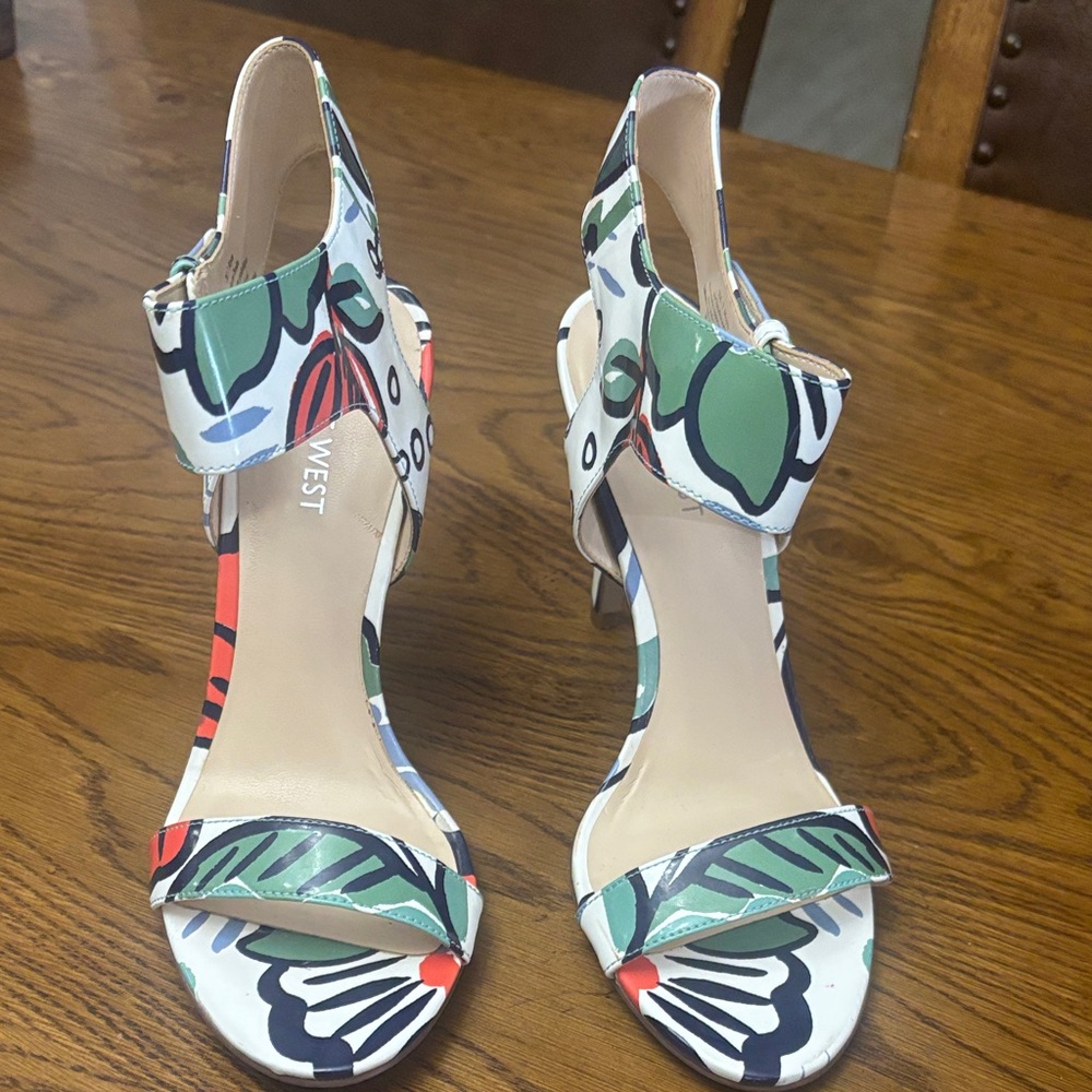 Nine West Tropical Floral Ankle-Strap Sandals in Green, White, Black and Coral - Picture 2 of 10